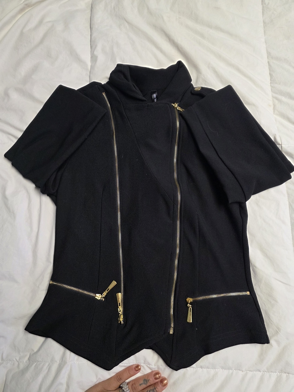 Women’s Black Short-Sleeve Moto Jacket with Gold Zippers